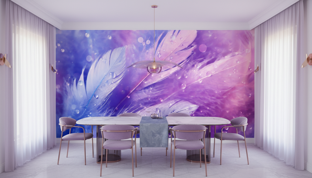Papier Peint Plumes Éthérées Dégradé Violet Rose Cosmique - Salle à manger