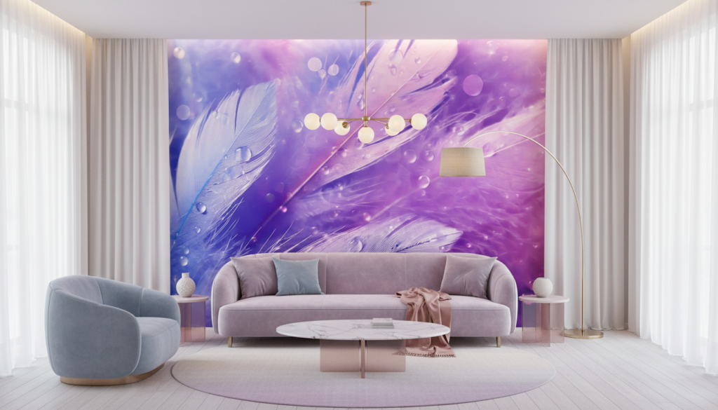 Papier Peint Plumes Éthérées Dégradé Violet Rose Cosmique - Salon / Séjour