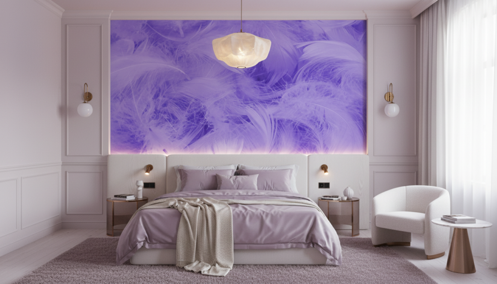 Papier Peint Plumes Violettes Douceur Etheree Texture Delicate - Chambre adulte