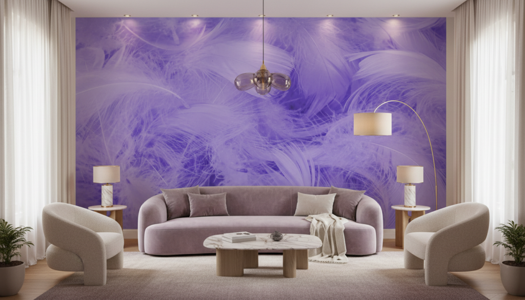 Papier Peint Plumes Violettes Douceur Etheree Texture Delicate - Salon / Séjour