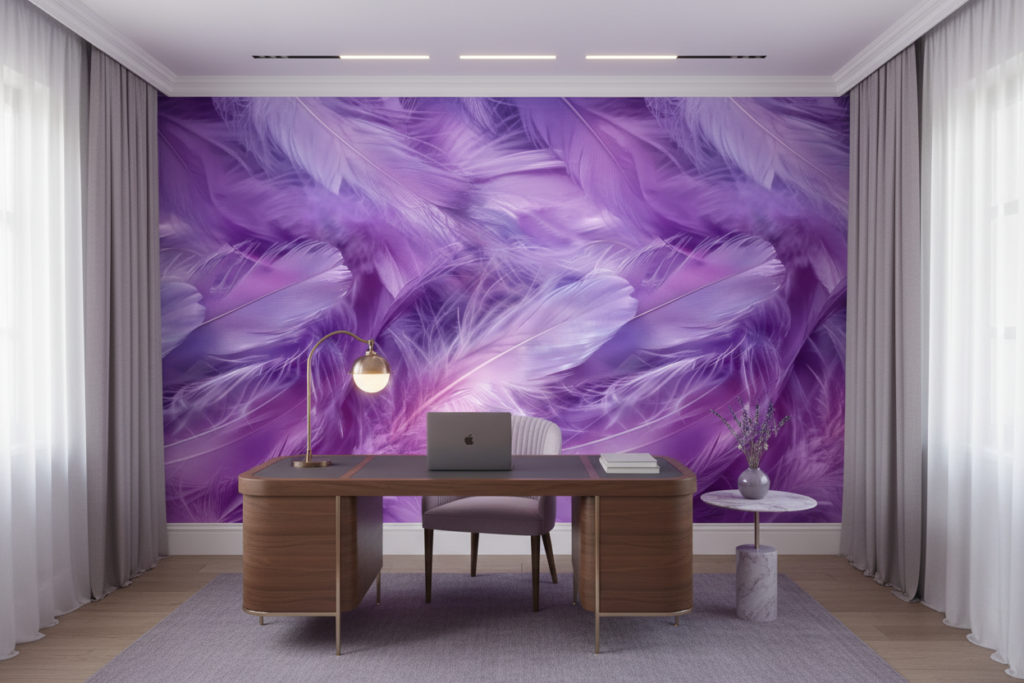 Papier Peint Plumes Violettes Texture Douce et Délicate - Bureau