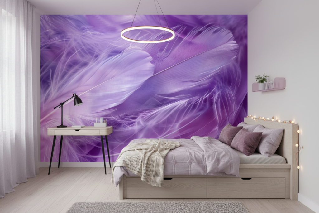 Papier Peint Plumes Violettes Texture Douce et Délicate - Chambre ado