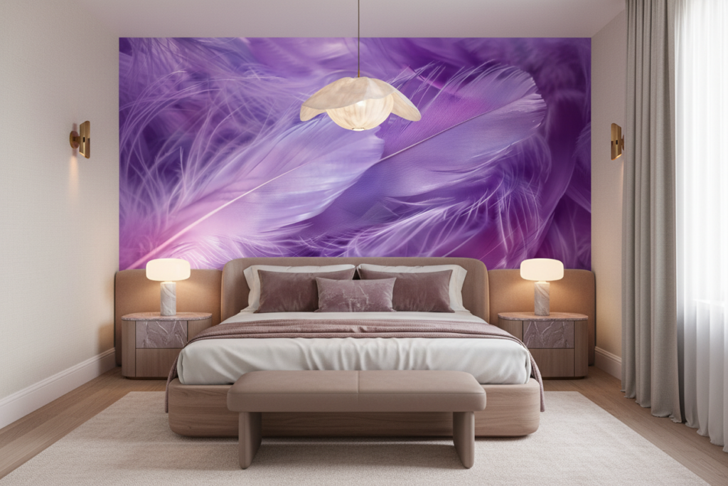 Papier Peint Plumes Violettes Texture Douce et Délicate - Chambre adulte