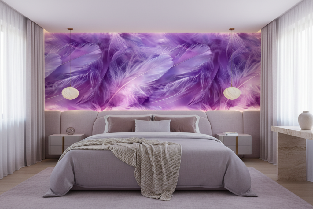 Papier Peint Plumes Violettes Texture Douce et Délicate - Chambre adulte