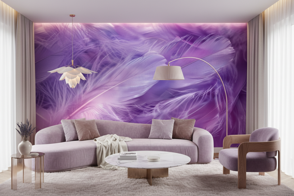 Papier Peint Plumes Violettes Texture Douce et Délicate - Salon / Séjour