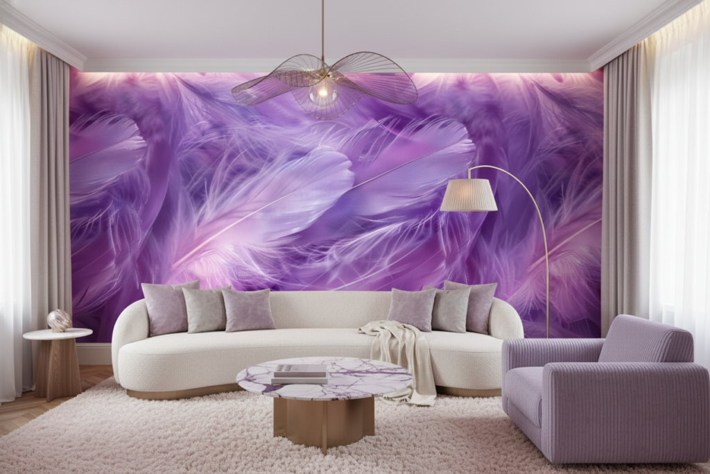 Papier Peint Plumes Violettes Texture Douce et Délicate - Salon / Séjour
