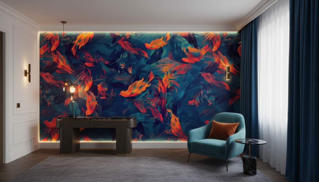 Papier Peint Poissons Tropicaux Orange et Bleu Turquoise - Hôtel