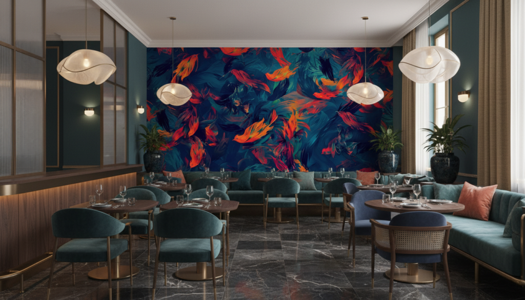 Papier Peint Poissons Tropicaux Orange et Bleu Turquoise - Restaurant