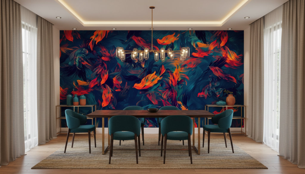 Papier Peint Poissons Tropicaux Orange et Bleu Turquoise - Salle à manger