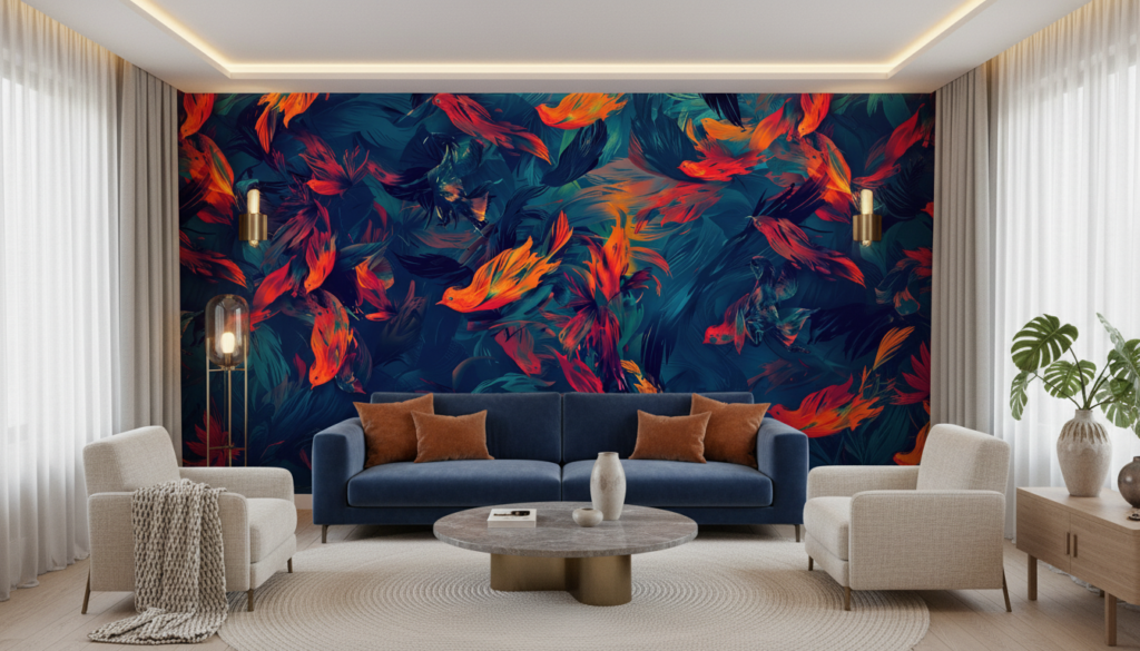 Papier Peint Poissons Tropicaux Orange et Bleu Turquoise - Salon / Séjour