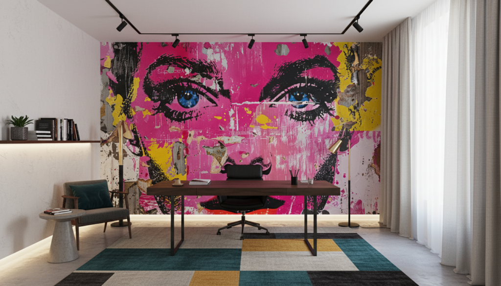 Papier Peint Pop Art Portrait Féminin Rose Magenta Street Art - Bureau