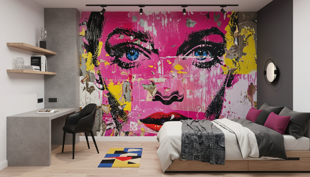 Papier Peint Pop Art Portrait Féminin Rose Magenta Street Art - Chambre ado