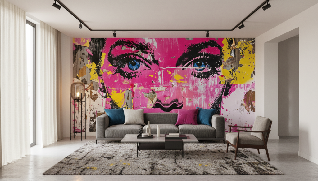 Papier Peint Pop Art Portrait Féminin Rose Magenta Street Art - Salon / Séjour