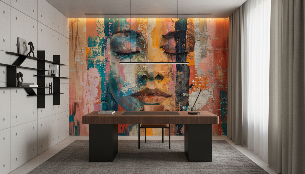 Papier Peint Portrait Artistique Abstrait Multicolore Street Art - Bureau