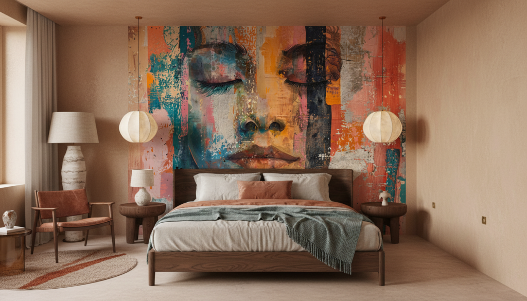 Papier Peint Portrait Artistique Abstrait Multicolore Street Art - Chambre adulte