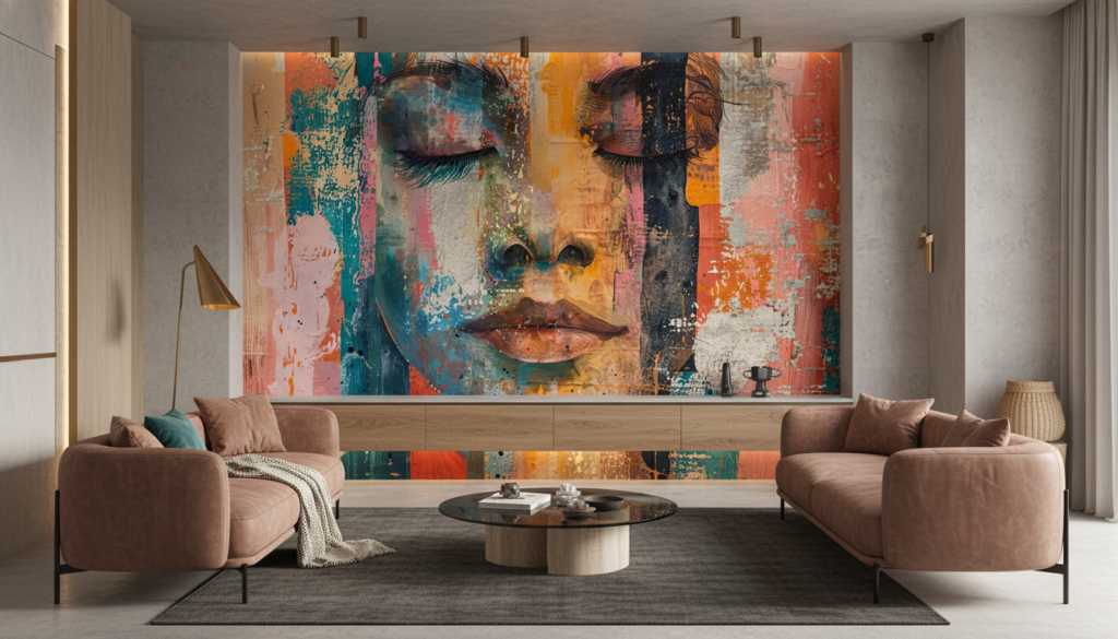 Papier Peint Portrait Artistique Abstrait Multicolore Street Art - Salon / Séjour