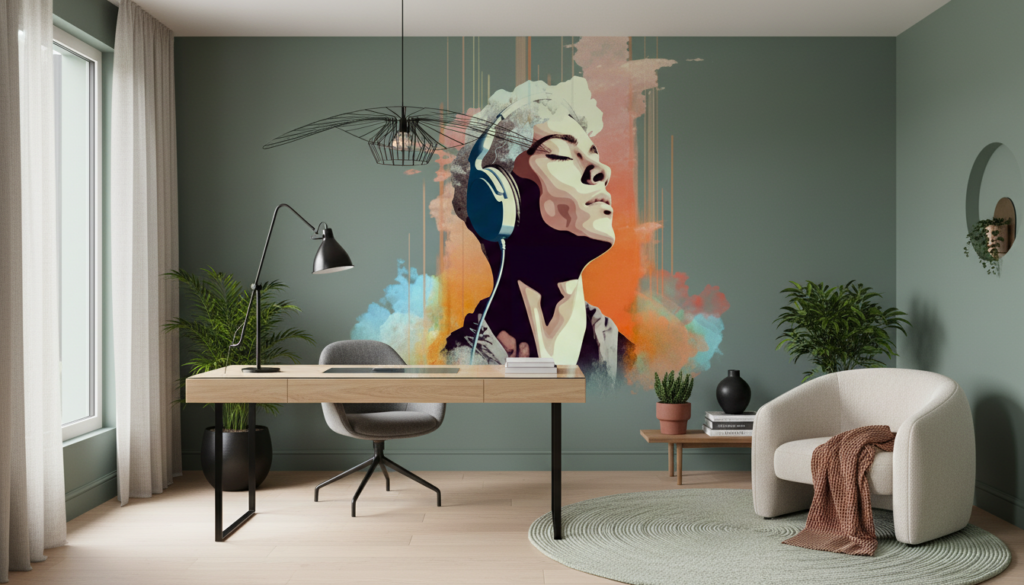 Papier peint portrait artistique avec éclaboussures colorées et effet musical - Bureau