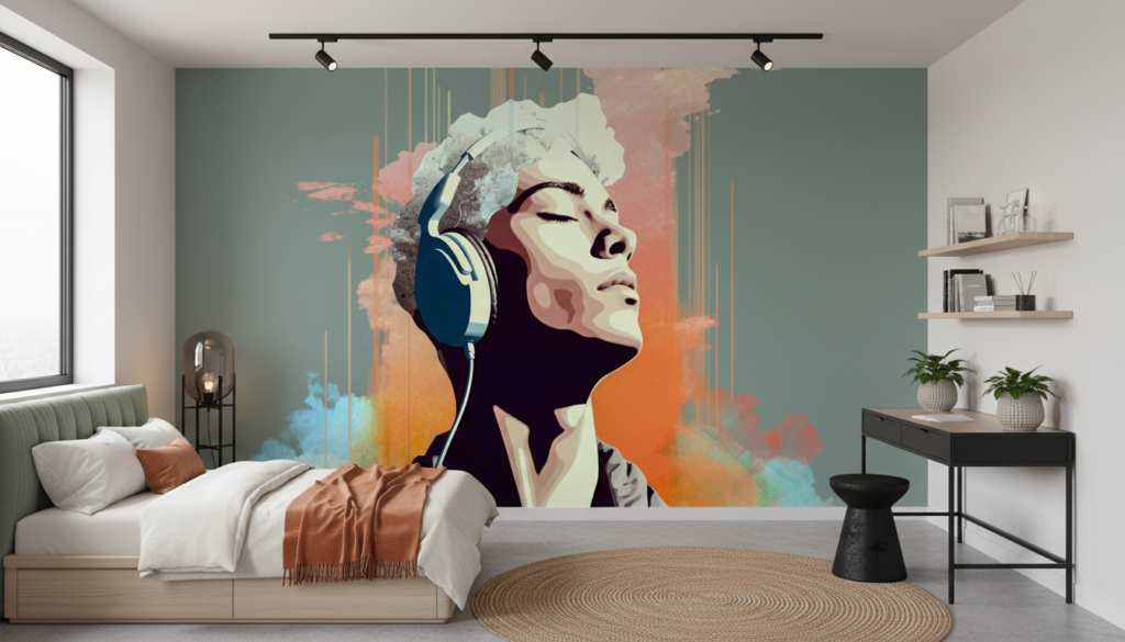 Papier peint portrait artistique avec éclaboussures colorées et effet musical - Chambre ado