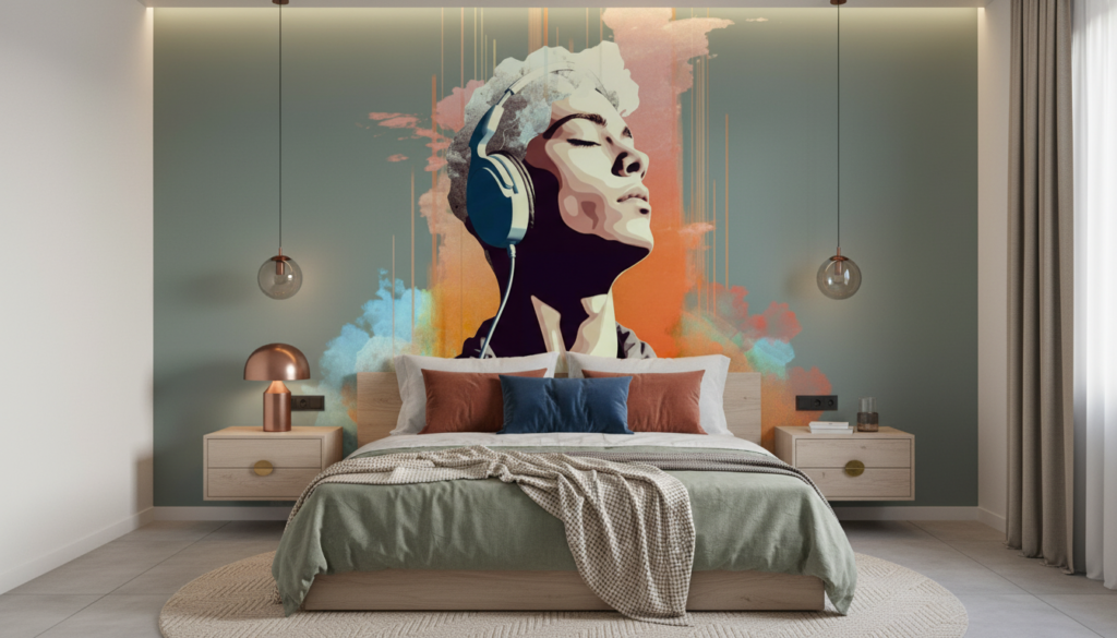 Papier peint portrait artistique avec éclaboussures colorées et effet musical - Chambre adulte