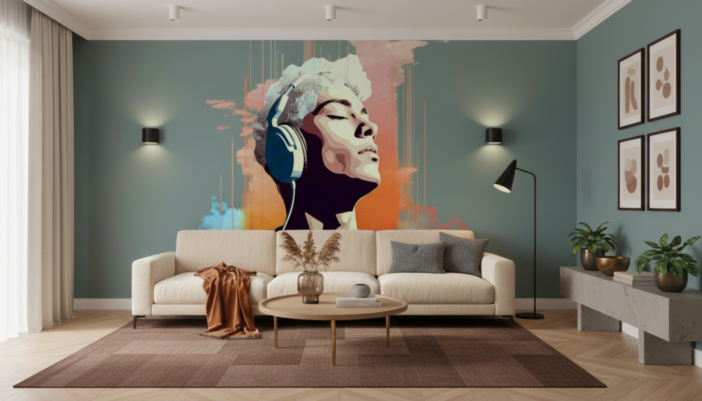 Papier peint portrait artistique avec éclaboussures colorées et effet musical - Salon / Séjour