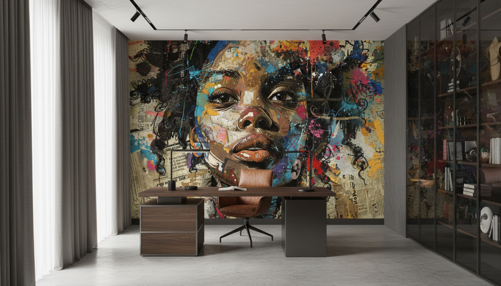 Papier Peint Portrait Artistique Street Art Collage Multicolore - Bureau