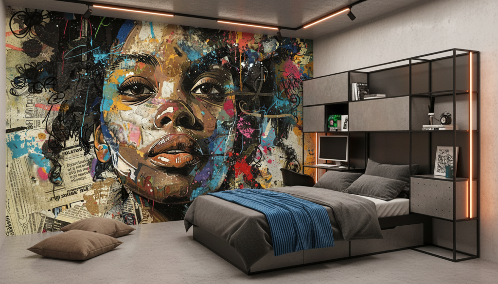 Papier Peint Portrait Artistique Street Art Collage Multicolore - Chambre ado