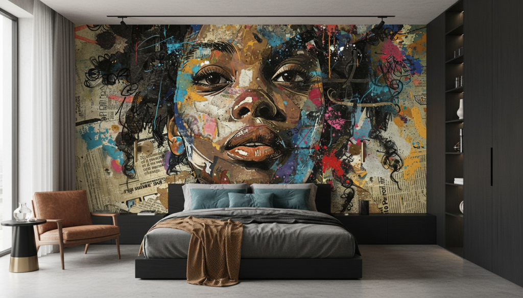 Papier Peint Portrait Artistique Street Art Collage Multicolore - Chambre adulte