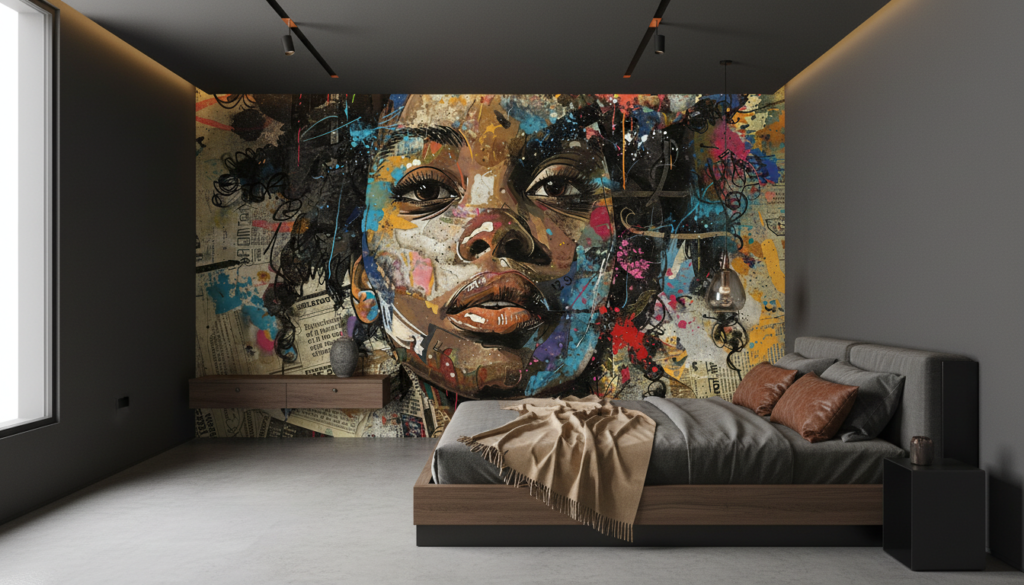 Papier Peint Portrait Artistique Street Art Collage Multicolore - Chambre adulte