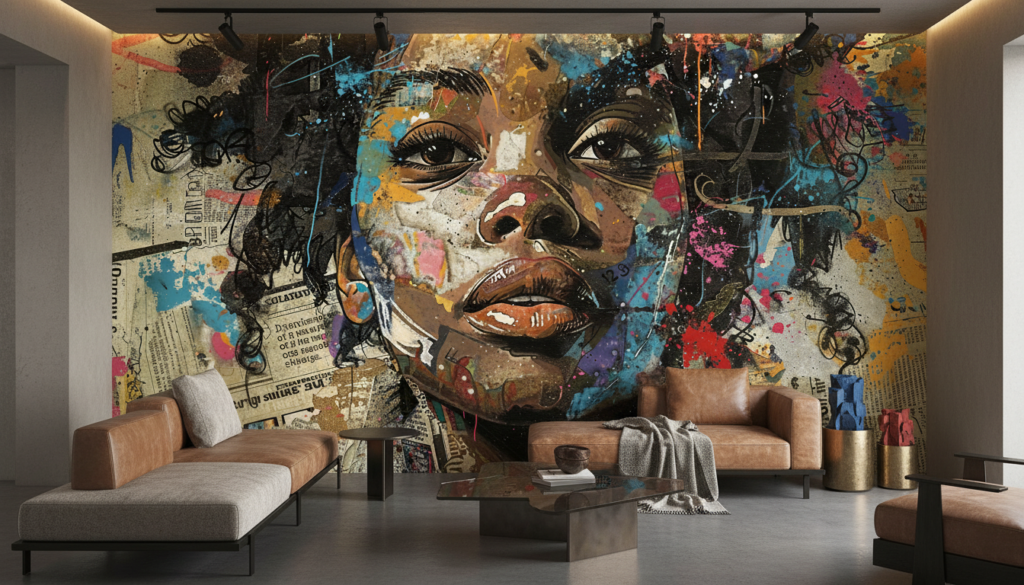 Papier Peint Portrait Artistique Street Art Collage Multicolore - Salon / Séjour