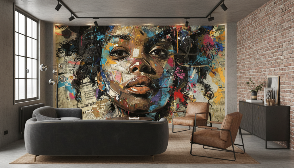 Papier Peint Portrait Artistique Street Art Collage Multicolore - Salon / Séjour