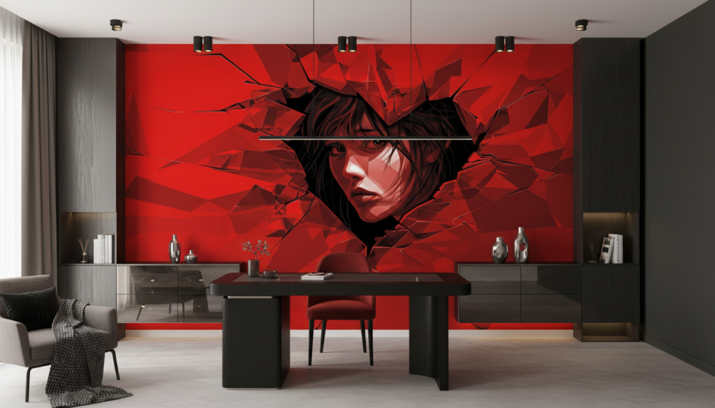 Papier peint portrait féminin géométrique abstrait rouge intense moderne - Bureau