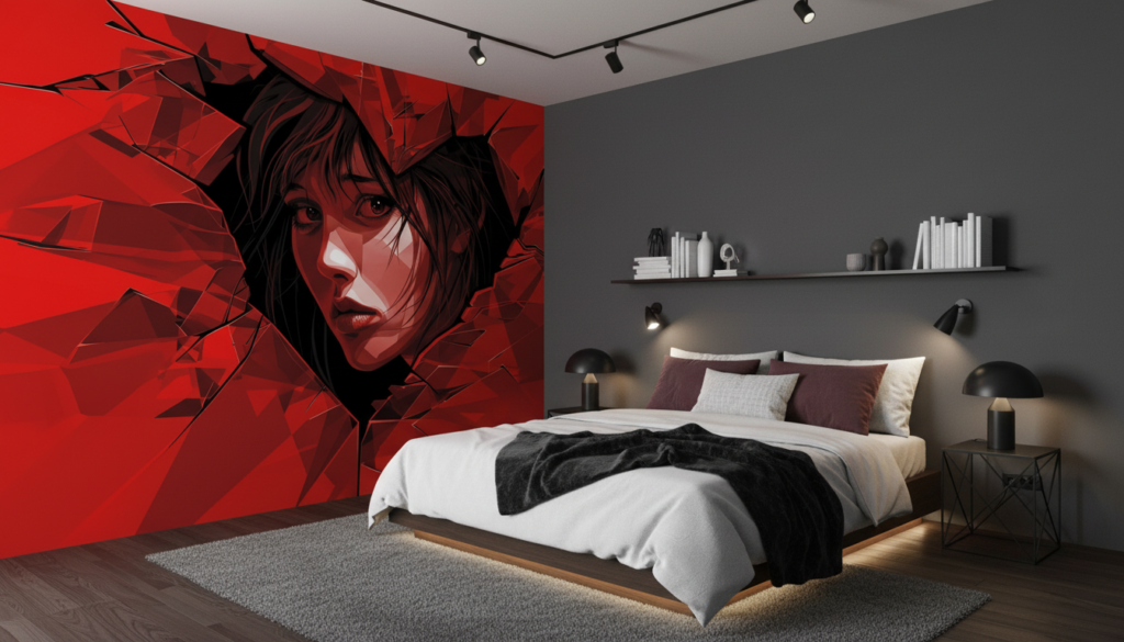 Papier peint portrait féminin géométrique abstrait rouge intense moderne - Chambre ado