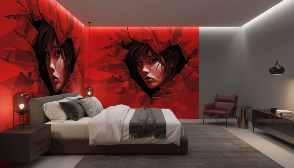 Papier peint portrait féminin géométrique abstrait rouge intense moderne - Chambre adulte