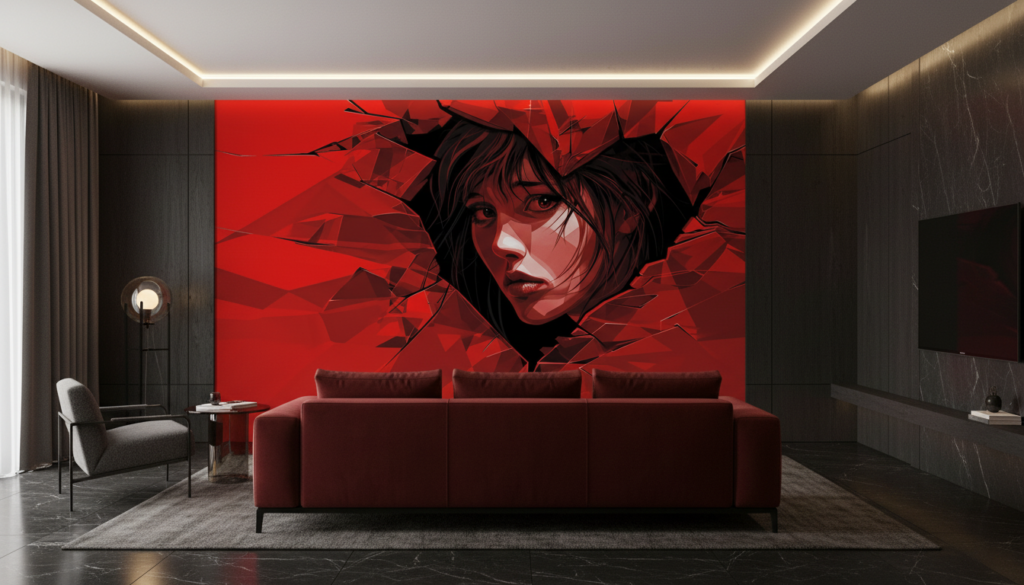 Papier peint portrait féminin géométrique abstrait rouge intense moderne - Salon / Séjour