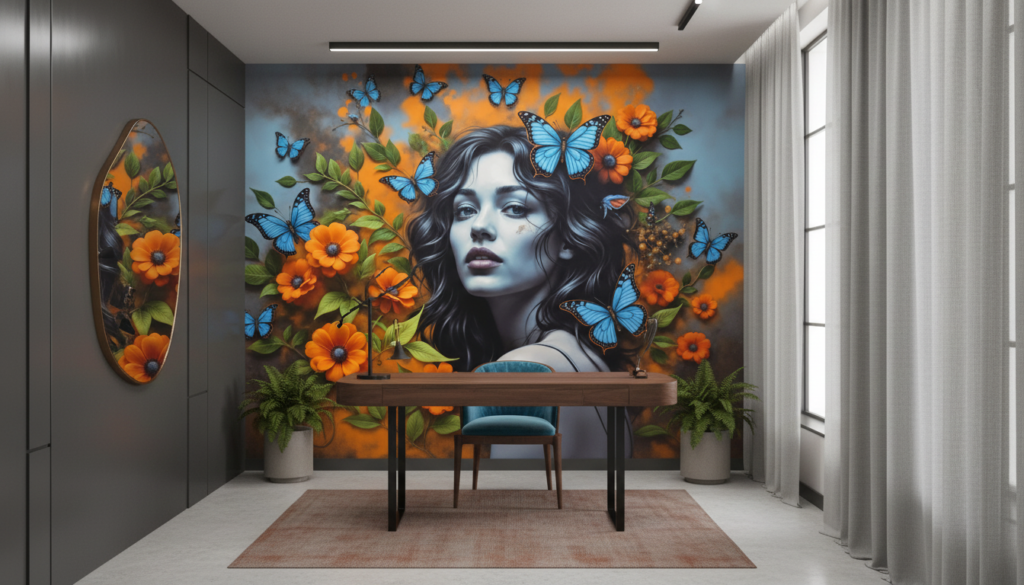 Papier peint portrait féminin avec papillons bleus et fleurs oranges - Bureau