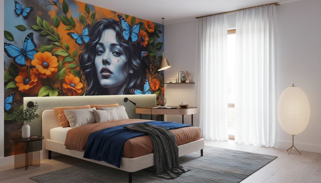 Papier peint portrait féminin avec papillons bleus et fleurs oranges - Chambre ado