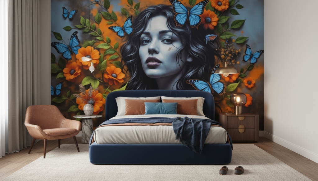 Papier peint portrait féminin avec papillons bleus et fleurs oranges - Chambre adulte