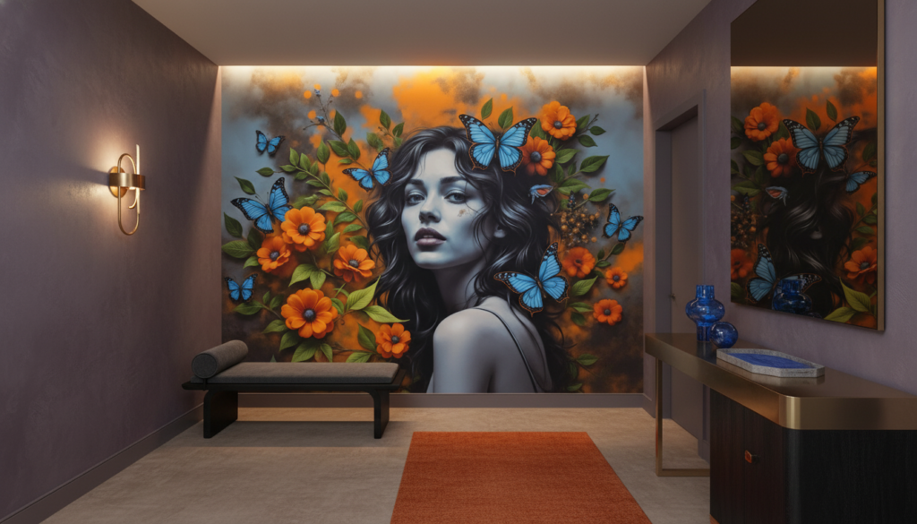 Papier peint portrait féminin avec papillons bleus et fleurs oranges - Entrée