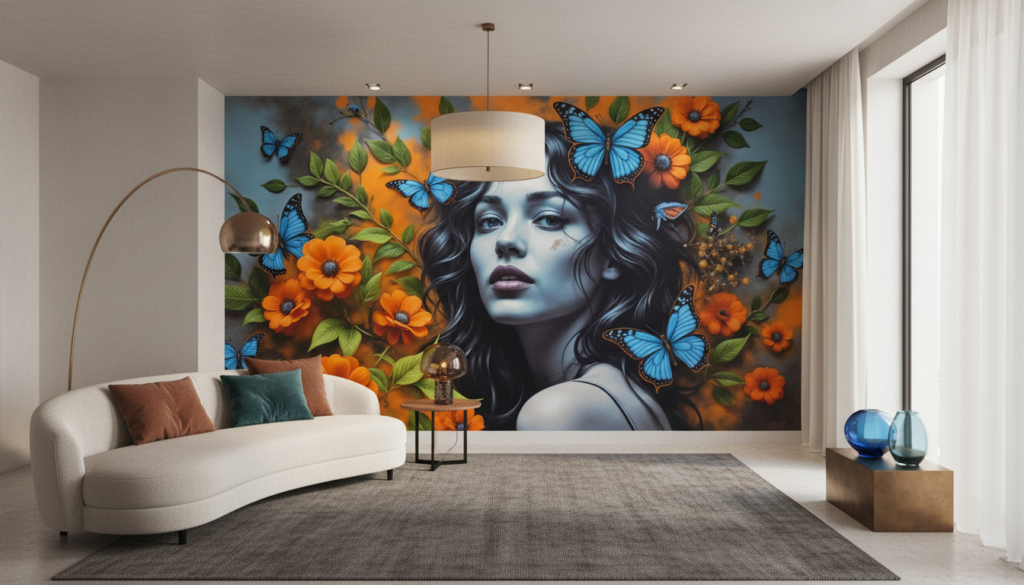 Papier peint portrait féminin avec papillons bleus et fleurs oranges - Salon / Séjour