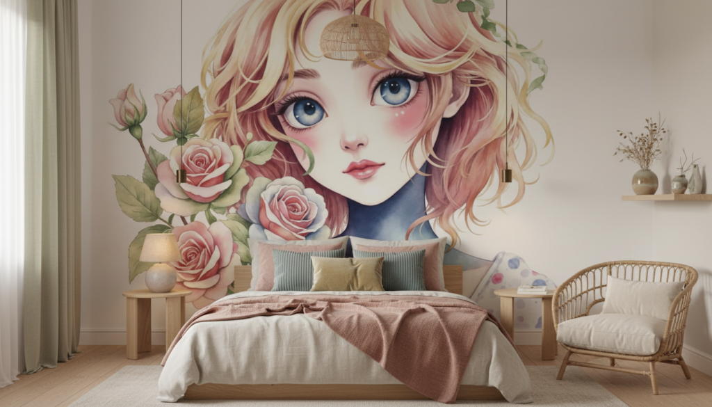 Papier Peint Portrait Fillette Romantique aux Roses Pastel Aquarelle - Chambre ado