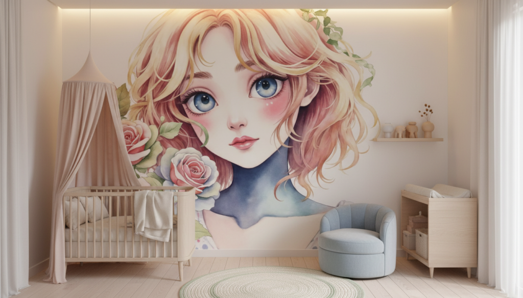Papier Peint Portrait Fillette Romantique aux Roses Pastel Aquarelle - Chambre bébé