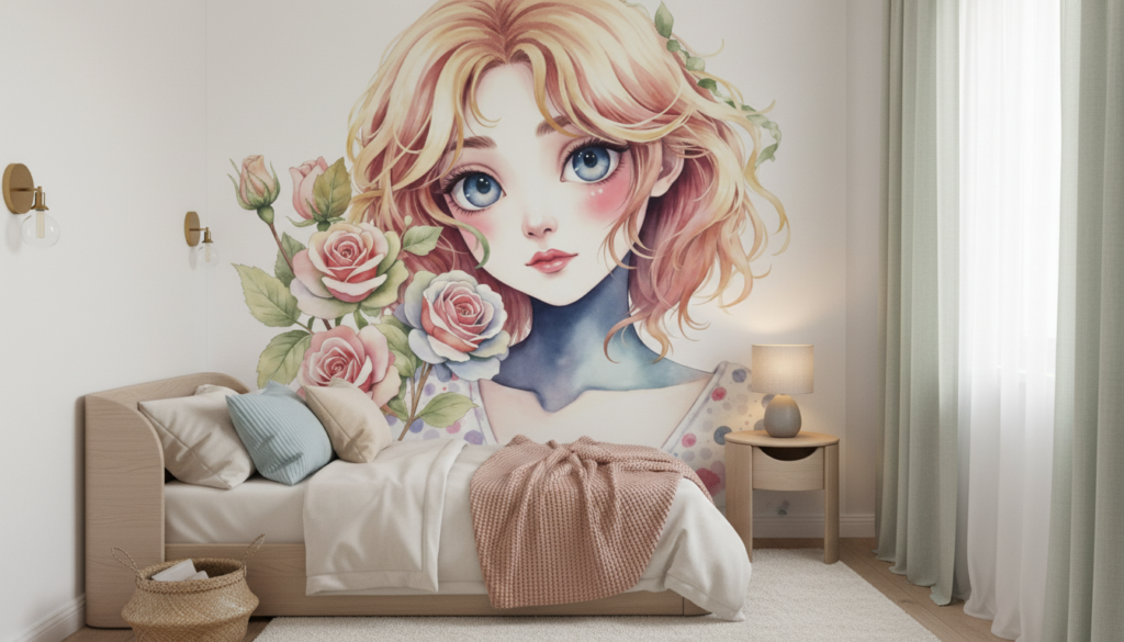 Papier Peint Portrait Fillette Romantique aux Roses Pastel Aquarelle - Chambre enfant