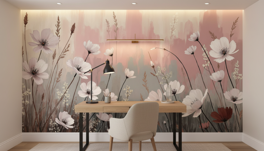 Papier peint prairie fleurie cosmos blancs fond aquarelle rose - Bureau