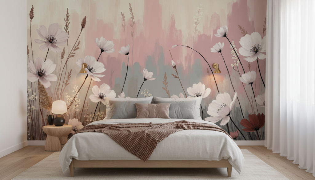 Papier peint prairie fleurie cosmos blancs fond aquarelle rose - Chambre adulte