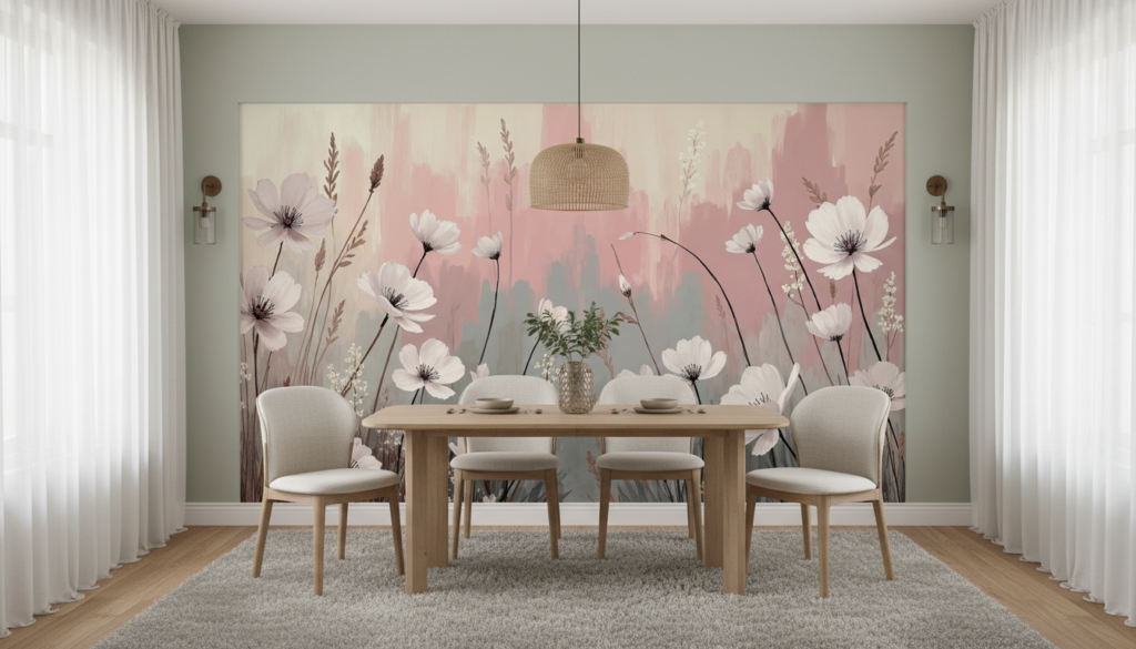 Papier peint prairie fleurie cosmos blancs fond aquarelle rose - Salle à manger