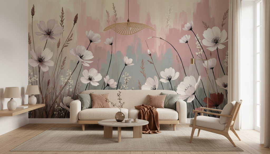 Papier peint prairie fleurie cosmos blancs fond aquarelle rose - Salon / Séjour