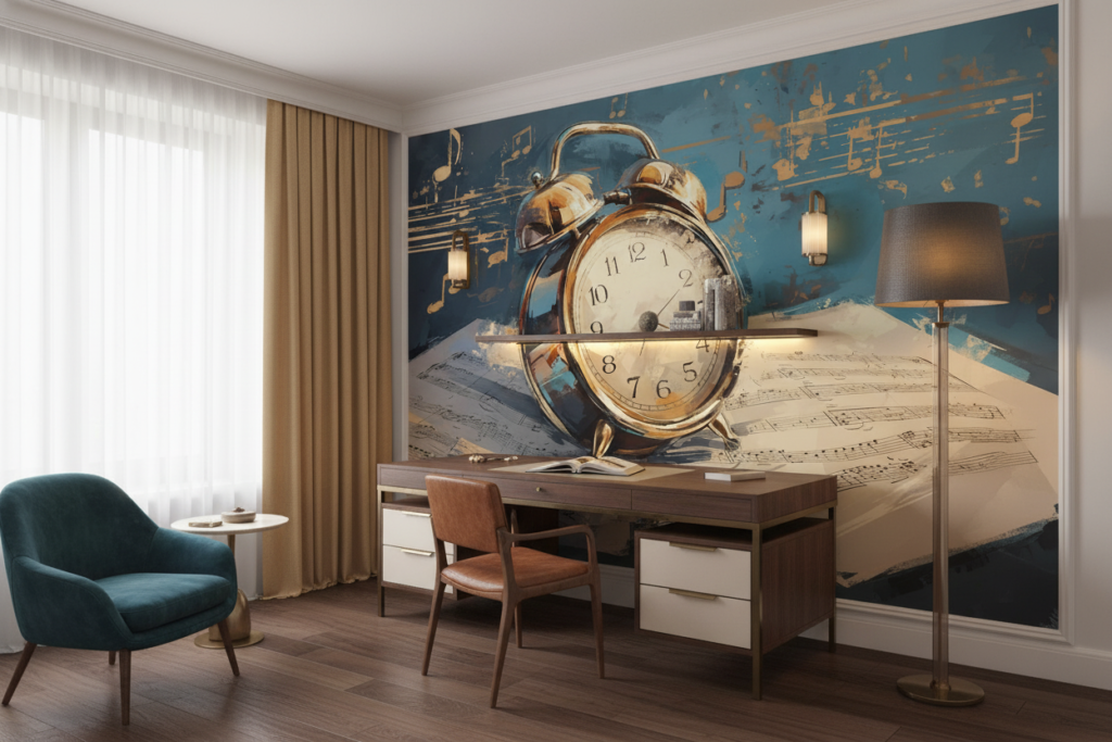 Papier Peint Réveil Vintage Doré sur Partitions Musicales Artistique - Bureau
