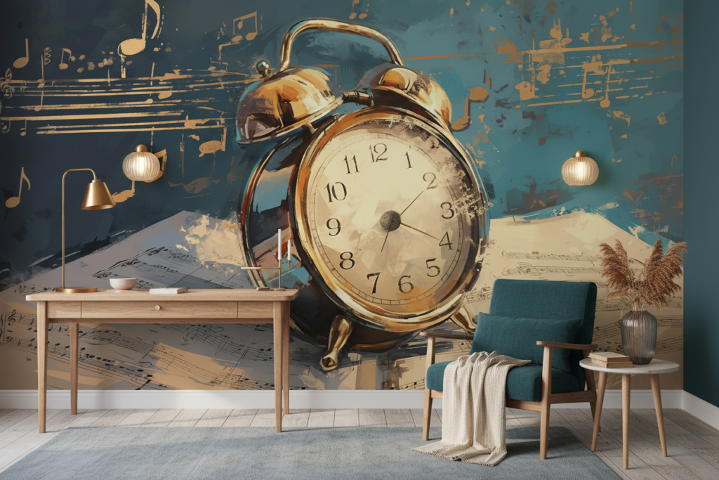 Papier Peint Réveil Vintage Doré sur Partitions Musicales Artistique - Chambre ado