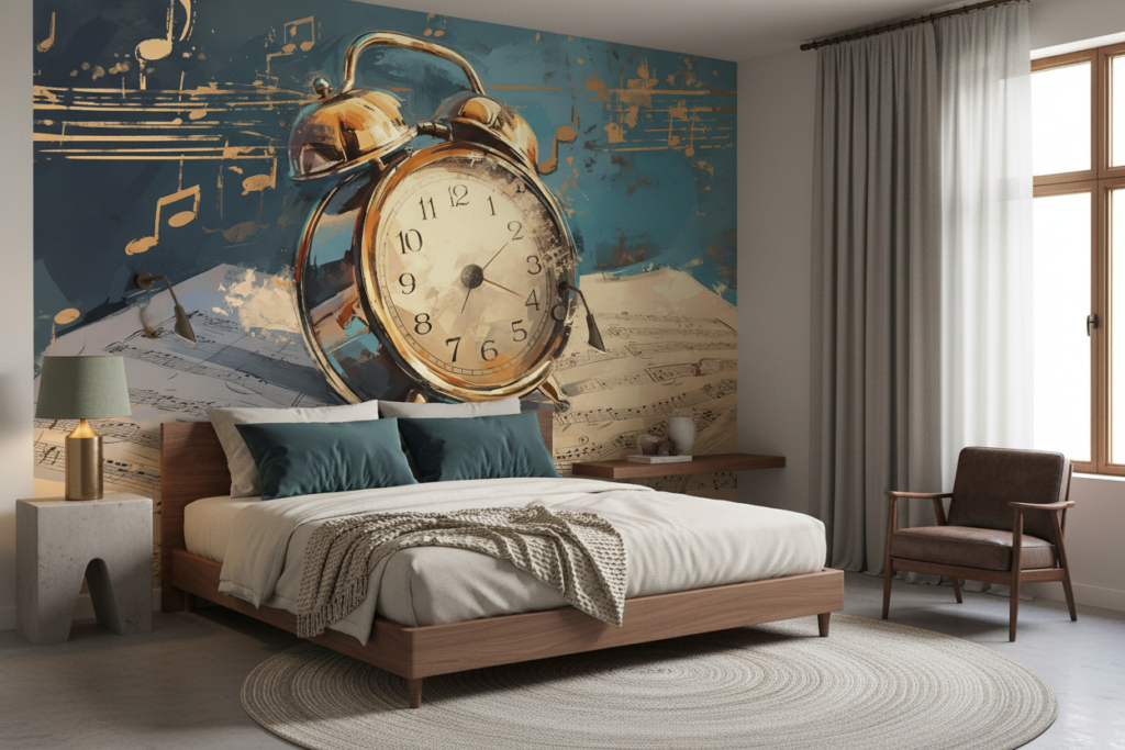 Papier Peint Réveil Vintage Doré sur Partitions Musicales Artistique - Chambre adulte