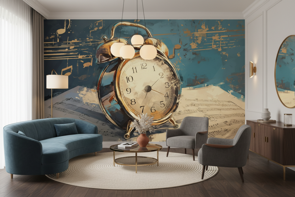 Papier Peint Réveil Vintage Doré sur Partitions Musicales Artistique - Salon / Séjour